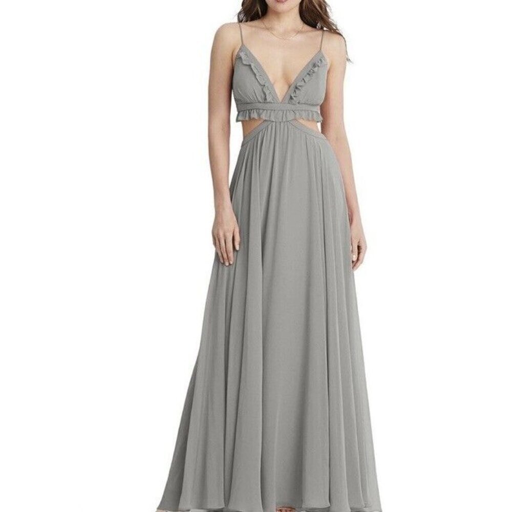 Lovely Lux Sz 10 Chiffon Maxi Dress Dusk Blue V- Neck Cut Outs Prom Wedding